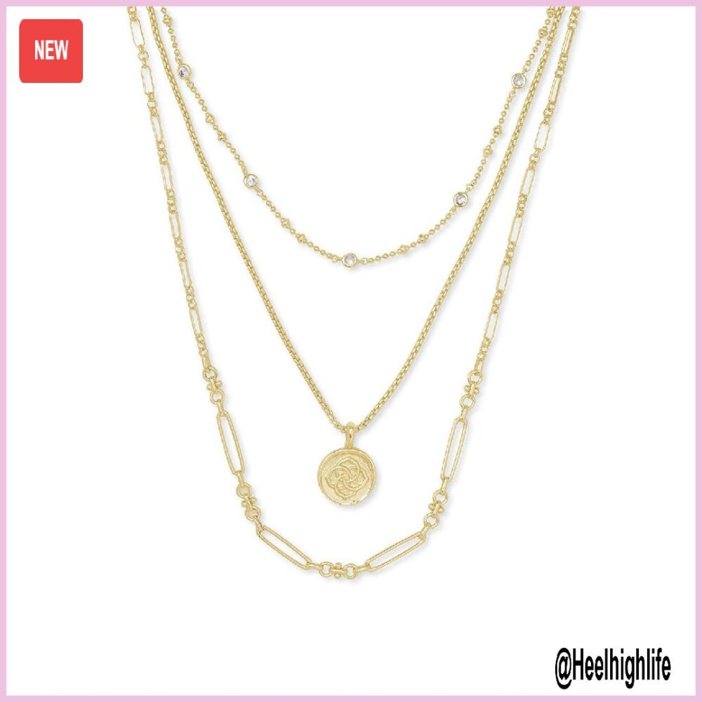 Gold-Plated Triple Strand Layered Necklace With Medallion Pendant